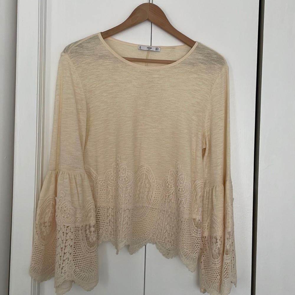 Mango Bell Sleeve Top with Crochet Detail